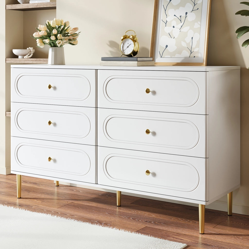Cassettiera Bianca 6 Cassetti 120 cm; Credenza Moderna Soggiorno con Piedini in Metallo