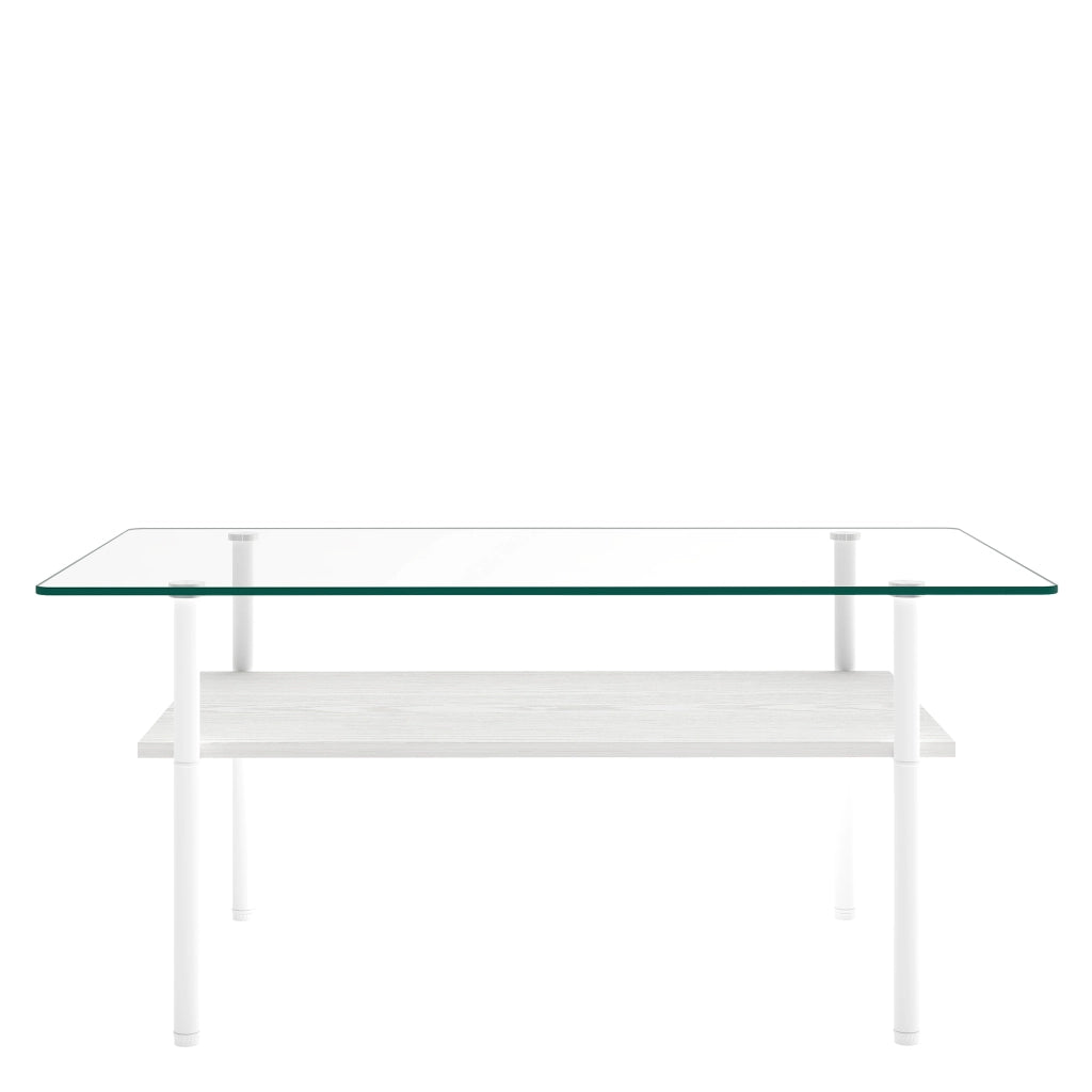 Tavolino da caffè con piano in vetro e ripiano, per soggiorno, bianco, 98×58×45 cm