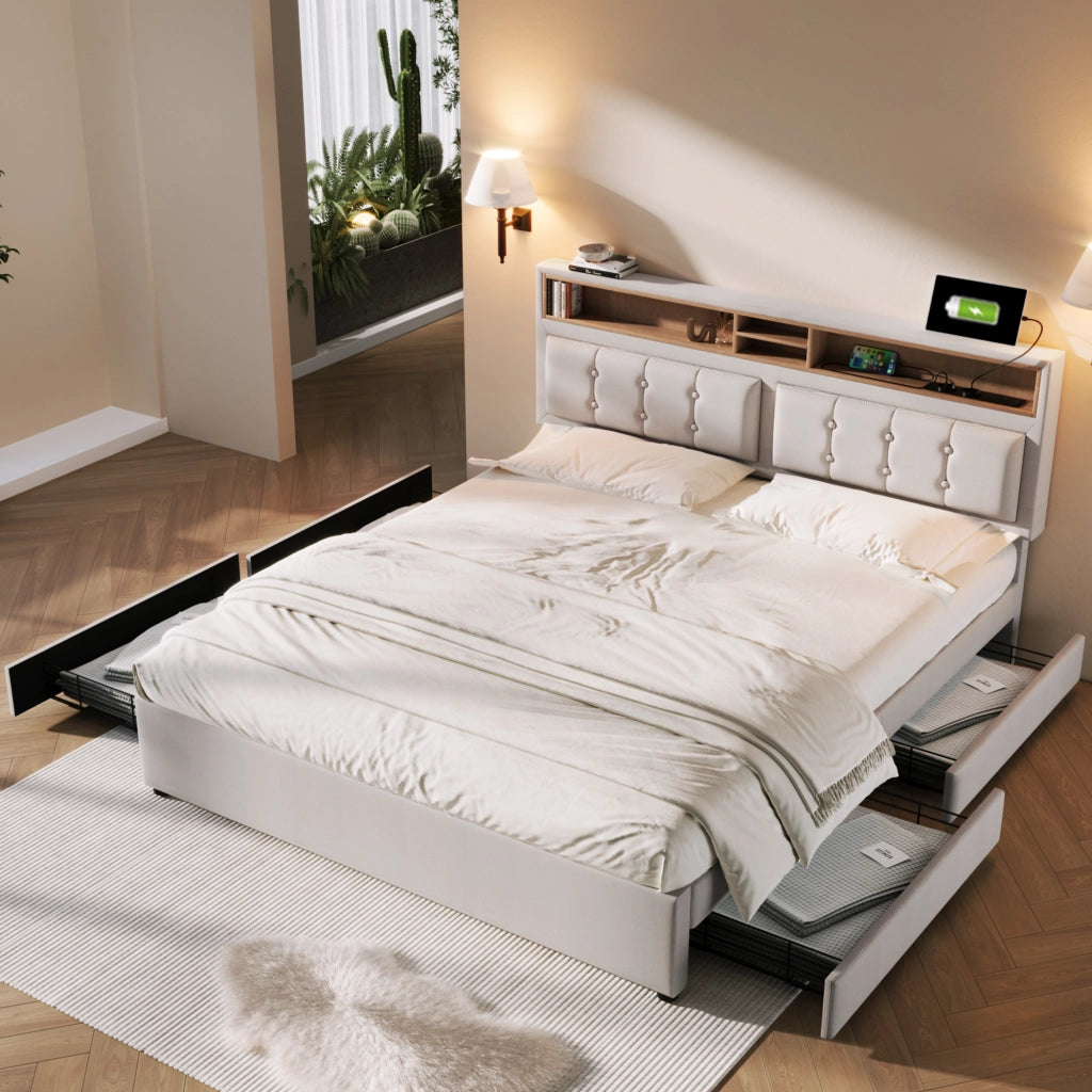 Letto Matrimoniale 140x200 cm con 4 Cassetti; USB; Type-C e Testiera Regolabile in Lino Beige