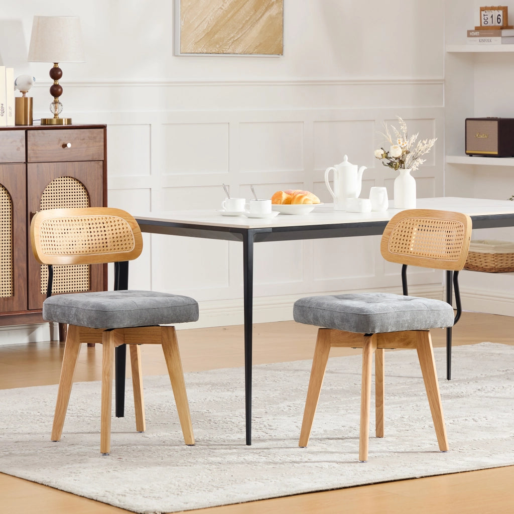 Desviae Set di 2 sedie da pranzo girevoli a 360° con schienale in rattan intrecciato e seduta in ciniglia grigia
