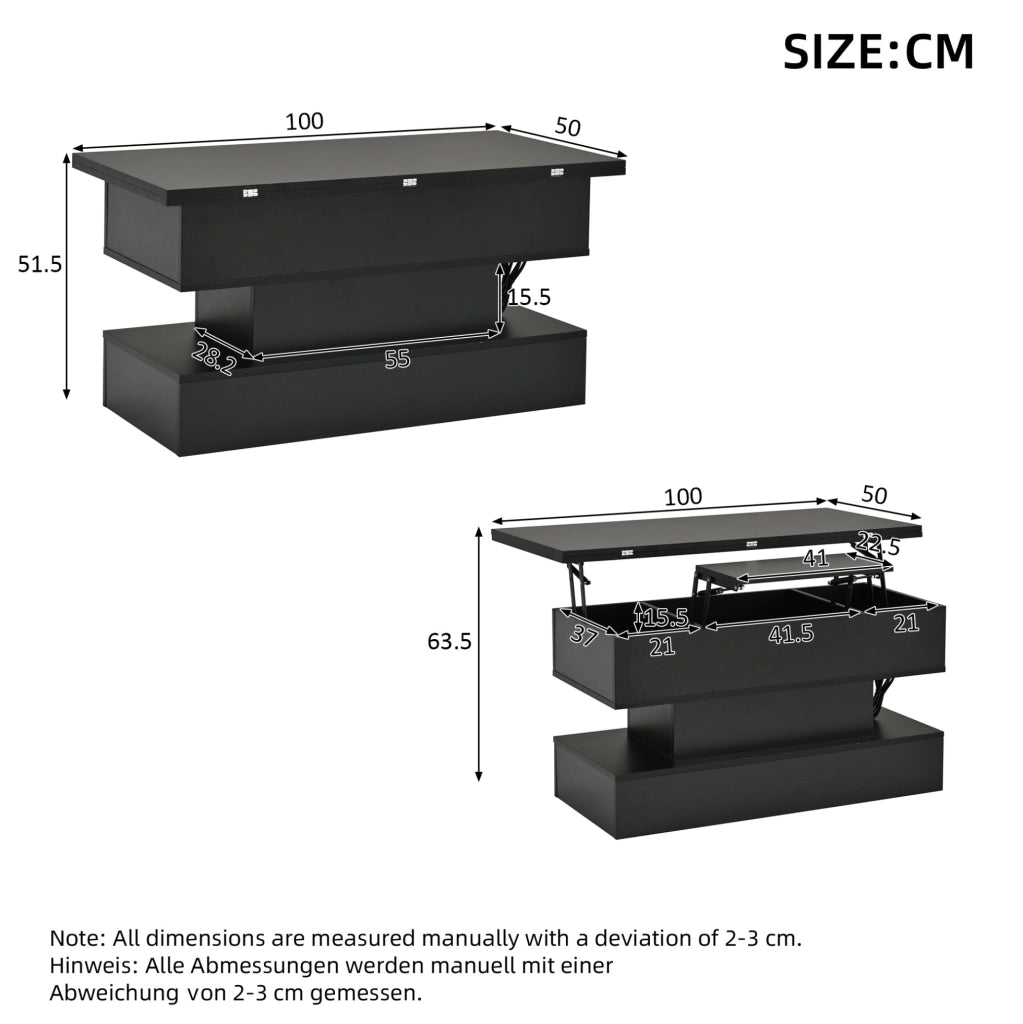 Tavolino da salotto sollevabile 100x50x51;5 cm con LED; presa integrata e spazio contenitore; nero