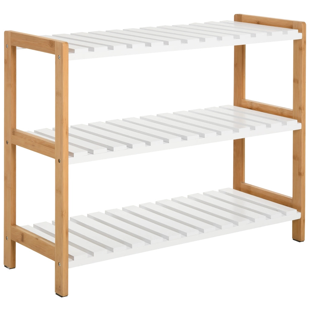Scarpiera a 3 livelli in legno di pino, portascarpe salvaspazio a doghe per ingresso e soggiorno, 70 x 26 x 57,5 cm, bianco e legno naturale