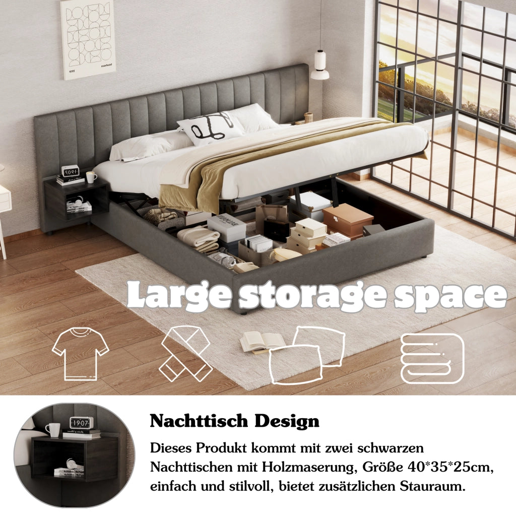 Letto imbottito con contenitore idraulico e 2 comodini, 180x200 cm, lino grigio/nero