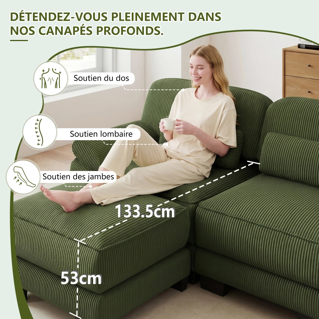 Divano modulare a L con pouf e cuscino lombare; 194 x 161 x 94 cm; verde