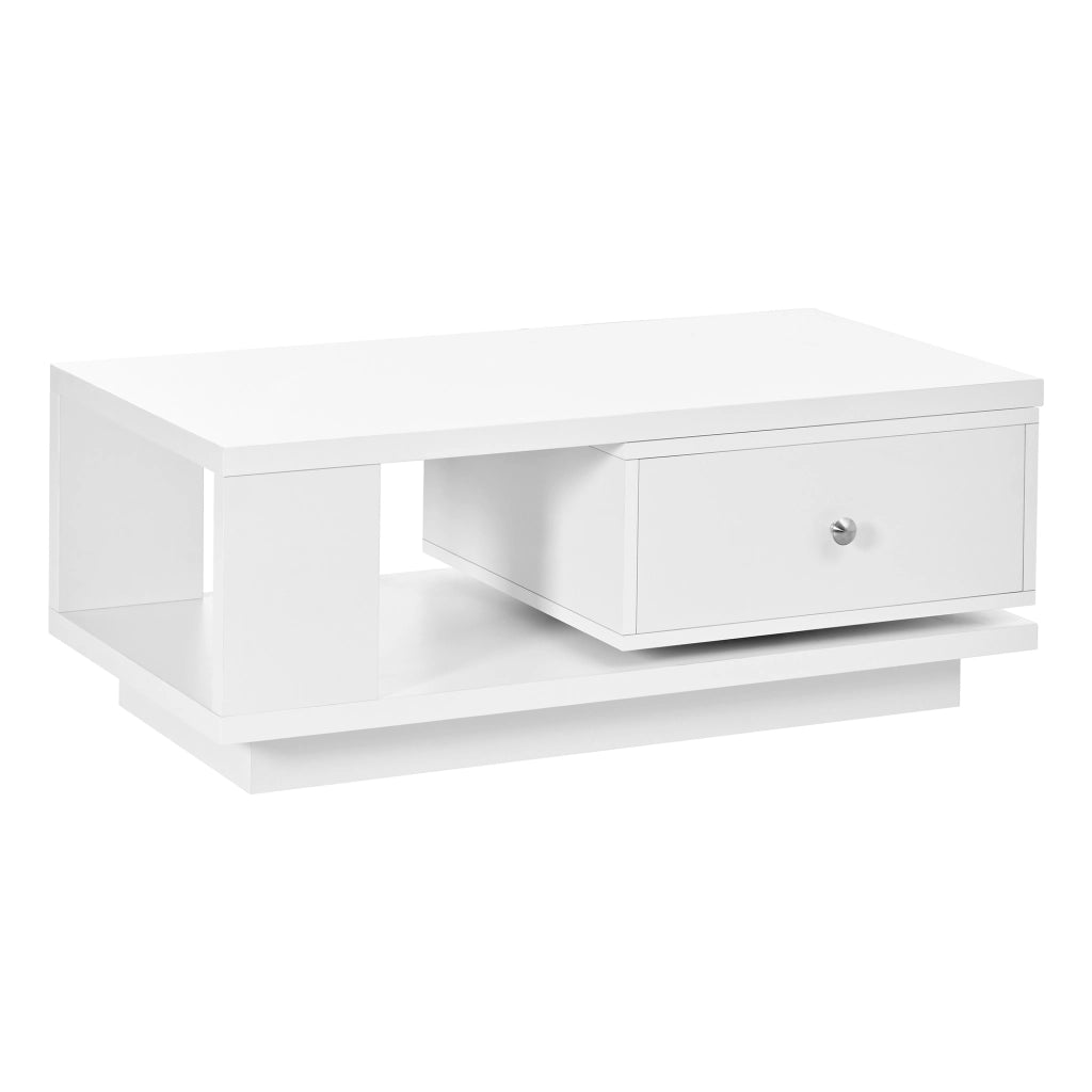 Tavolino da salotto con cassetto girevole e vano aperto, bianco lucido, in MDF e truciolare, 90 × 48 × 35 cm