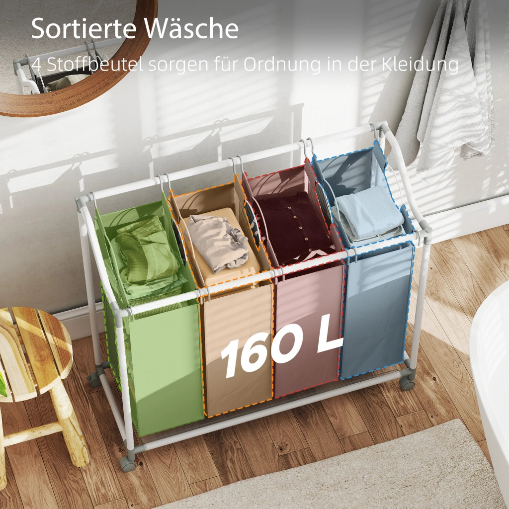 Cesto portabiancheria 4 scomparti 160L ¨C Xylo ¨C con ruote e sacchi rimovibili 97x38x81cm grigio