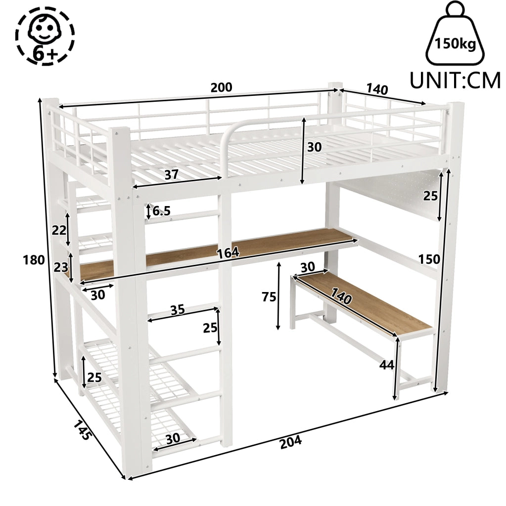 Letto a soppalco 140x200 cm in metallo bianco con scrivania; LED e ripiani HOMVRA