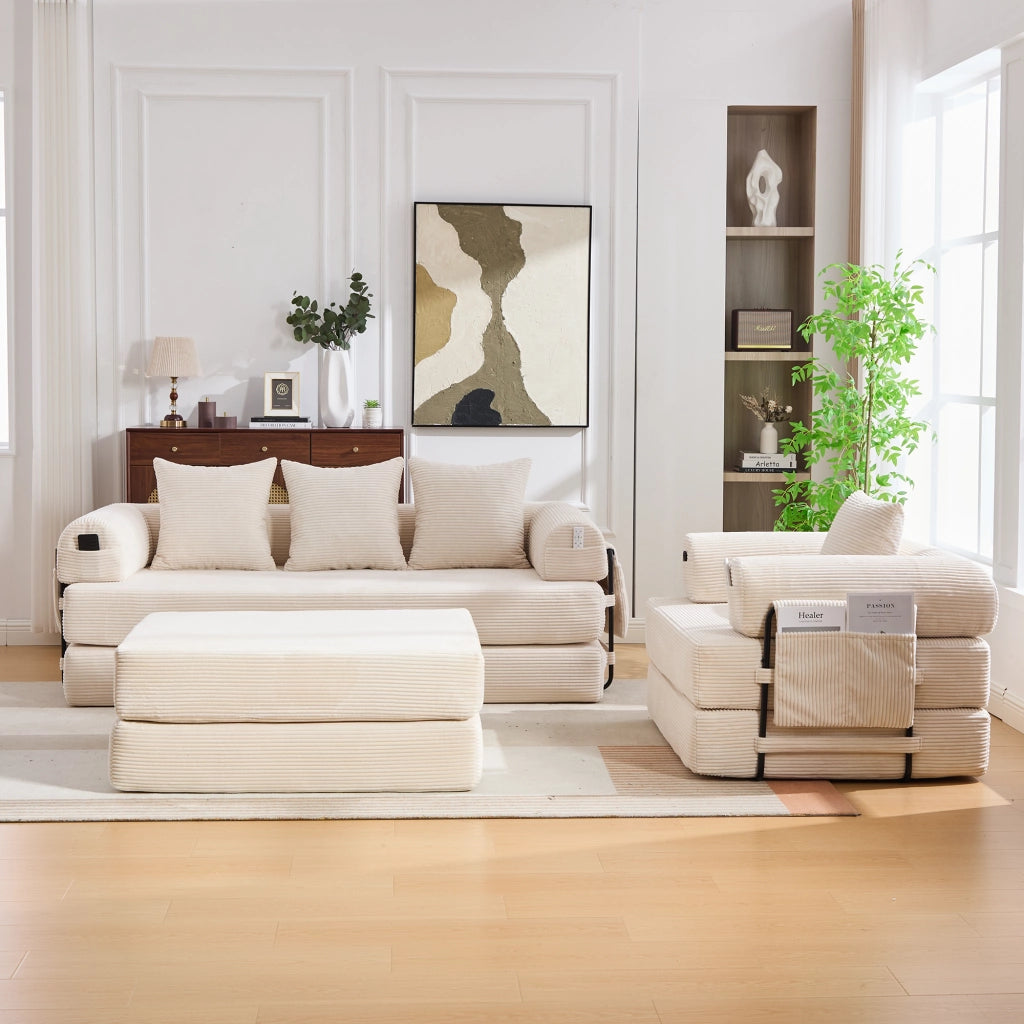 Divano modulare 4 posti con tasca laterale e cuscini in velluto a coste beige