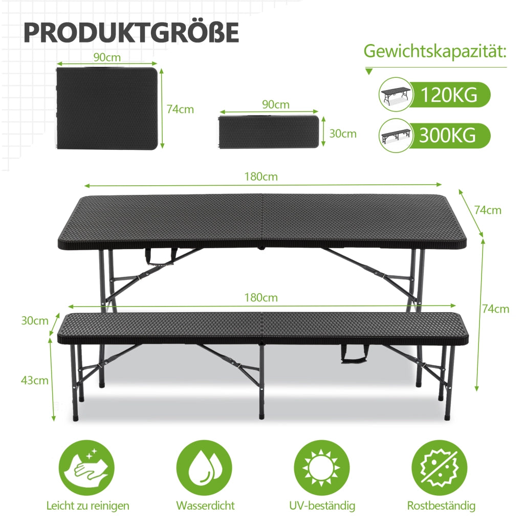 Set Tavolo Picnic Pieghevole con 2 Panche ¨C MINIMAL ¨C 3 Pezzi, HDPE, Nero, 182cm
