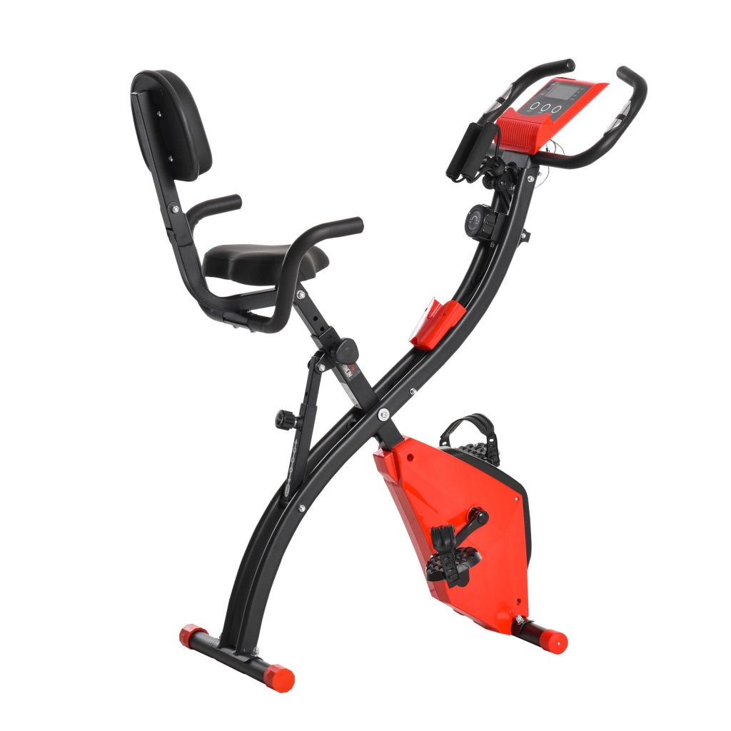 EasyComfort Cyclette Pieghevole 2 in 1, Resistenza Magnetica Regolabile 8 Livelli, Cyclette da Casa Silenziosa con Sensore di Frequenza Cardiaca, Elastici per Braccia, Schermo LCD, Volano 2.5kg, Rosso