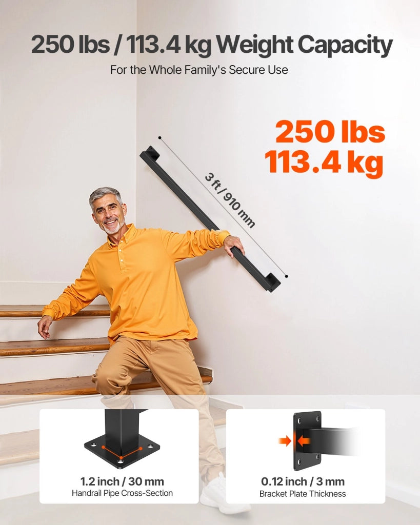 Corrimano per Scale a Parete in Acciaio al Carbonio Nero 1215 mm BG-TF-4, 2 Sezioni Tubo Quadrato per Interni e Soppalco, Robusto Portata 113 kg