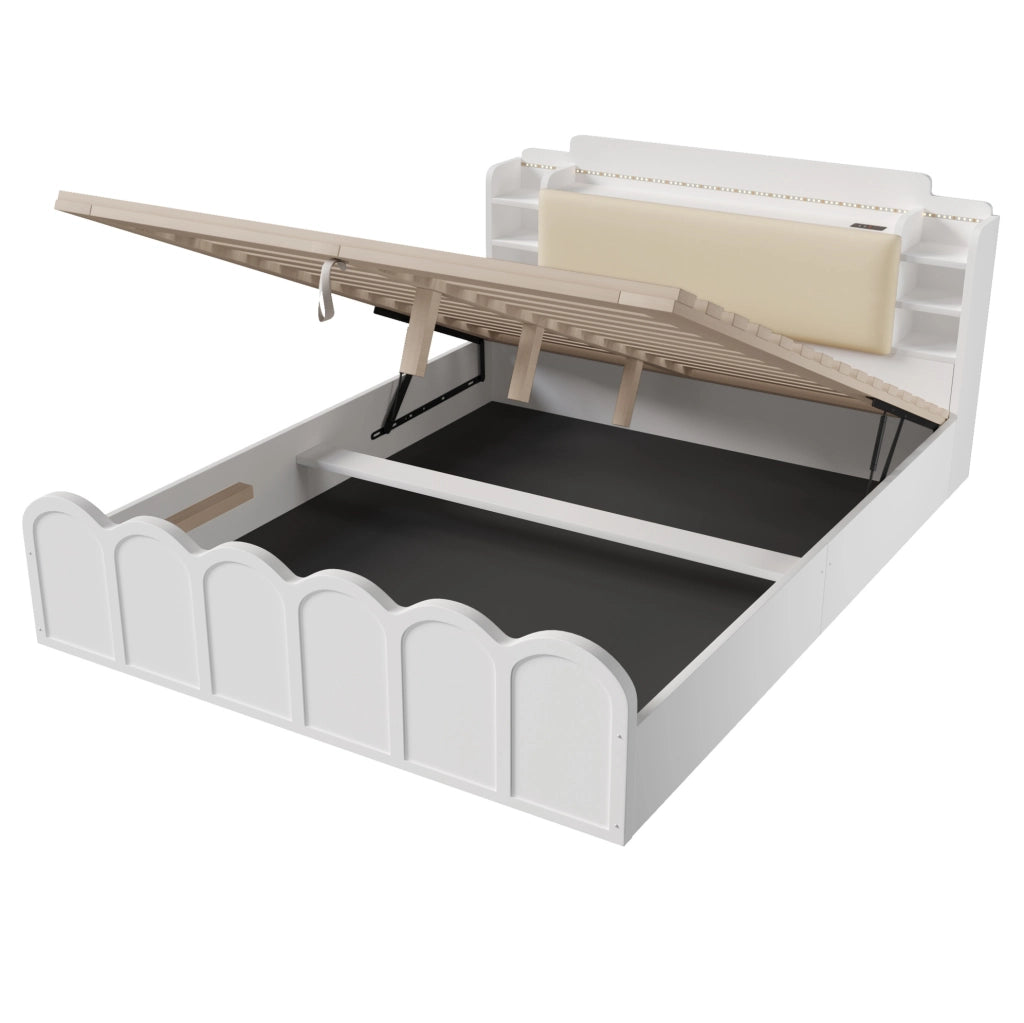 Letto 140x200 cm con contenitore idraulico, LED, USB e USB-C bianco