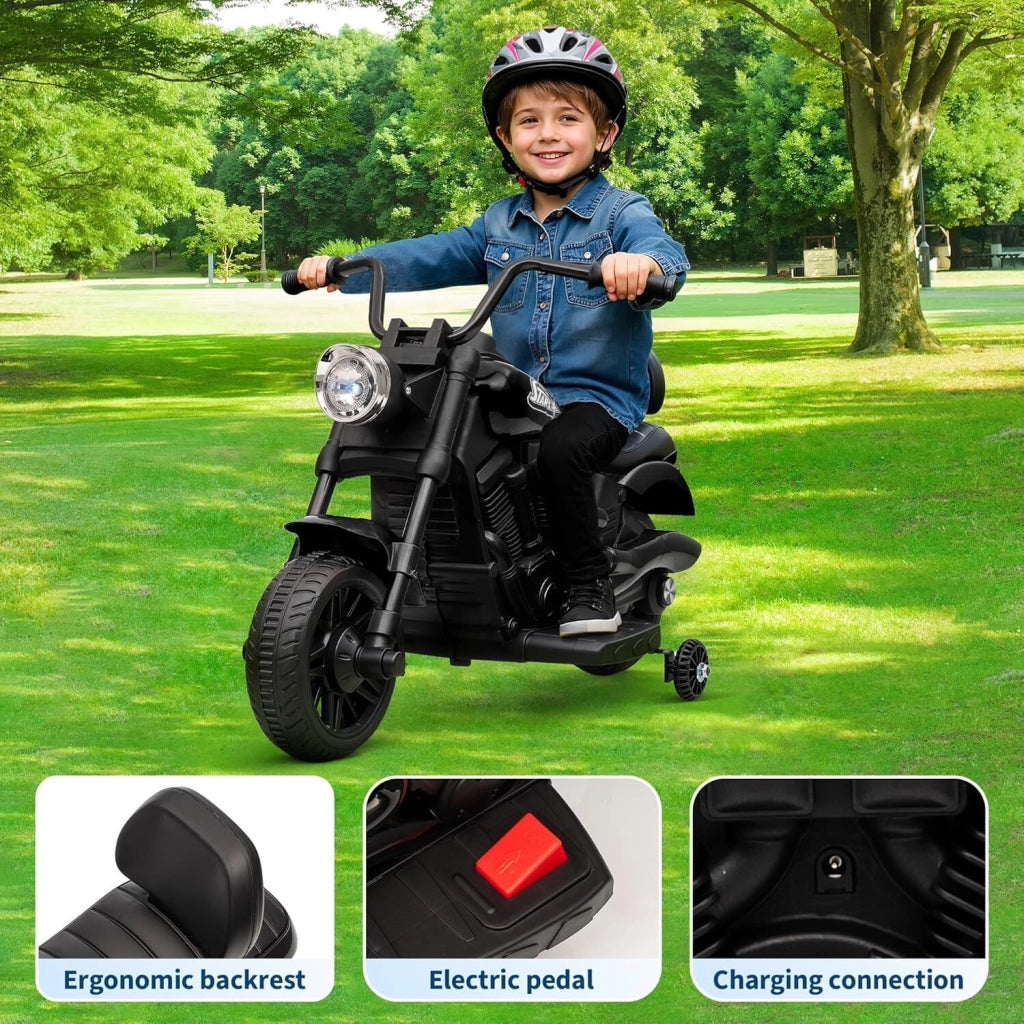 Moto Elettrica per Bambini 6V con Ruote di Supporto; Fari LED e Musica; Max 25kg; da 18 Mesi - Rosso