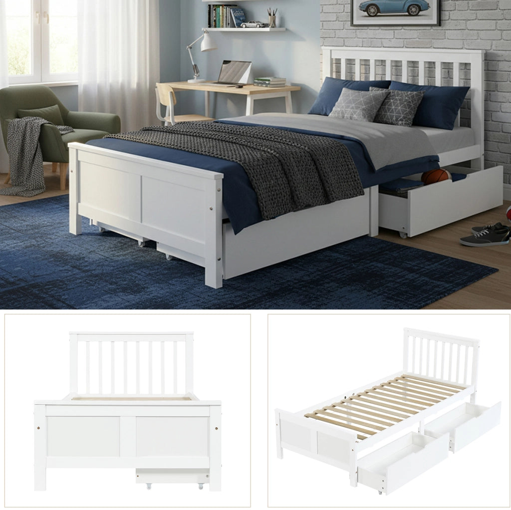 Letto singolo in pino bianco 90x200 cm con 2 cassetti e rete a doghe
