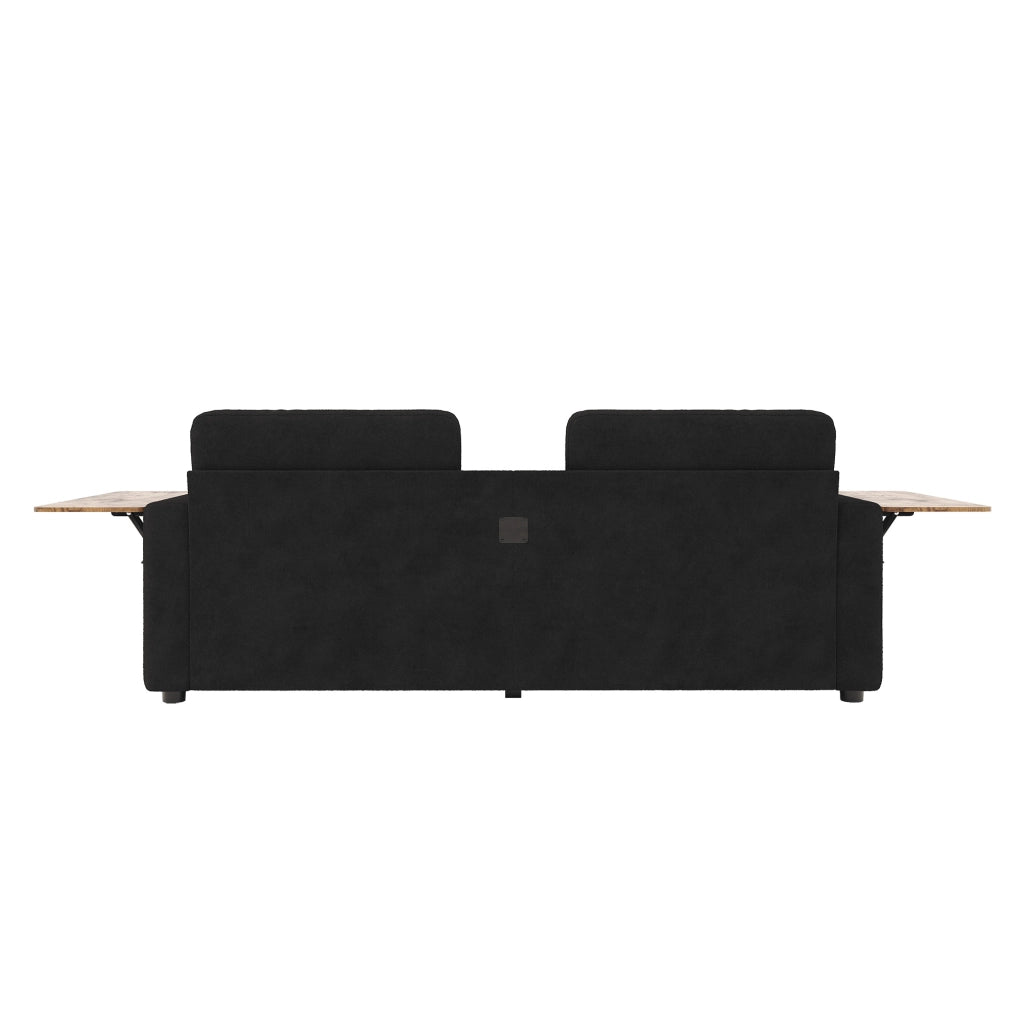 Divano 2 posti ULEVR con 2 cassetti estraibili, tavolini regolabili e portabevande, ciniglia nera