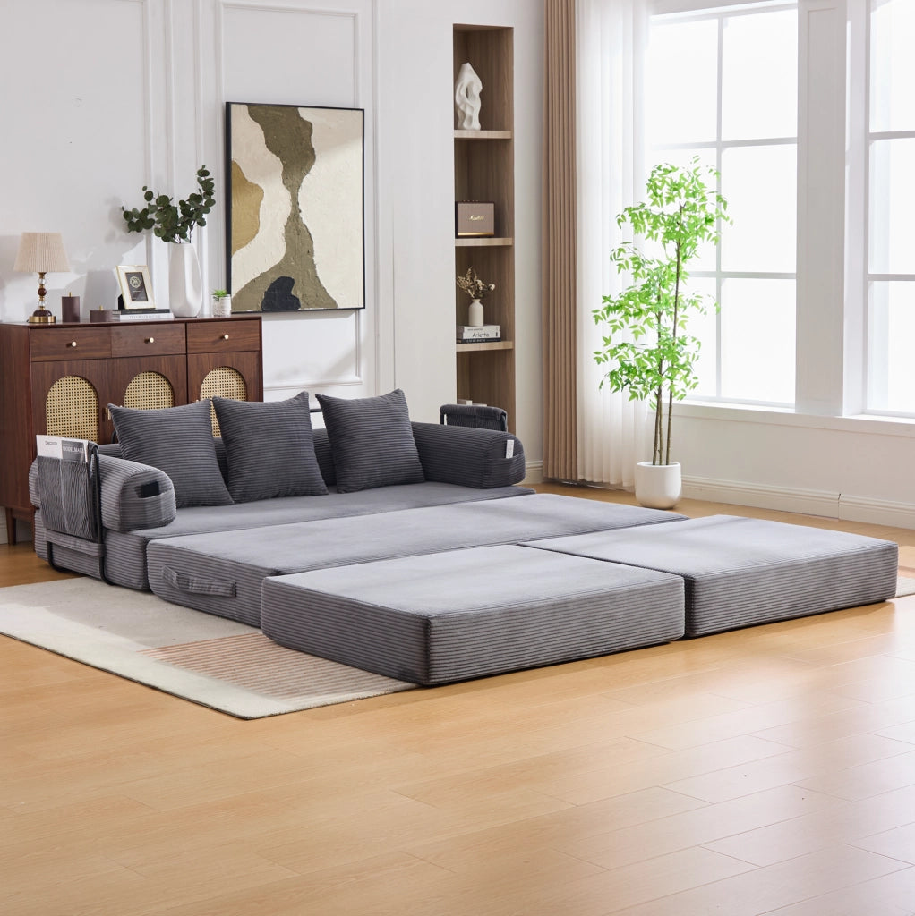 Divano modulare in velluto a coste con pouf grigio scuro