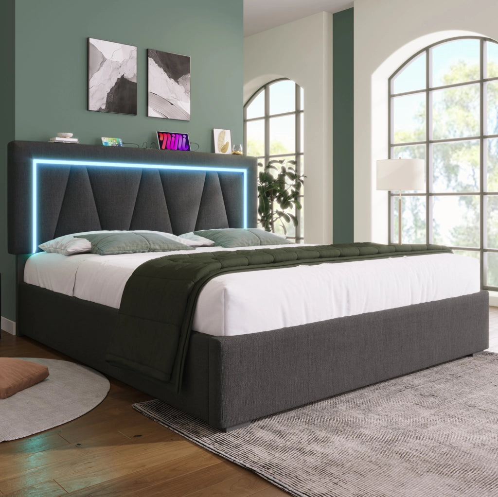Letto matrimoniale contenitore 160x200 cm con materasso; LED; USB e Type-C grigio HOMVRA