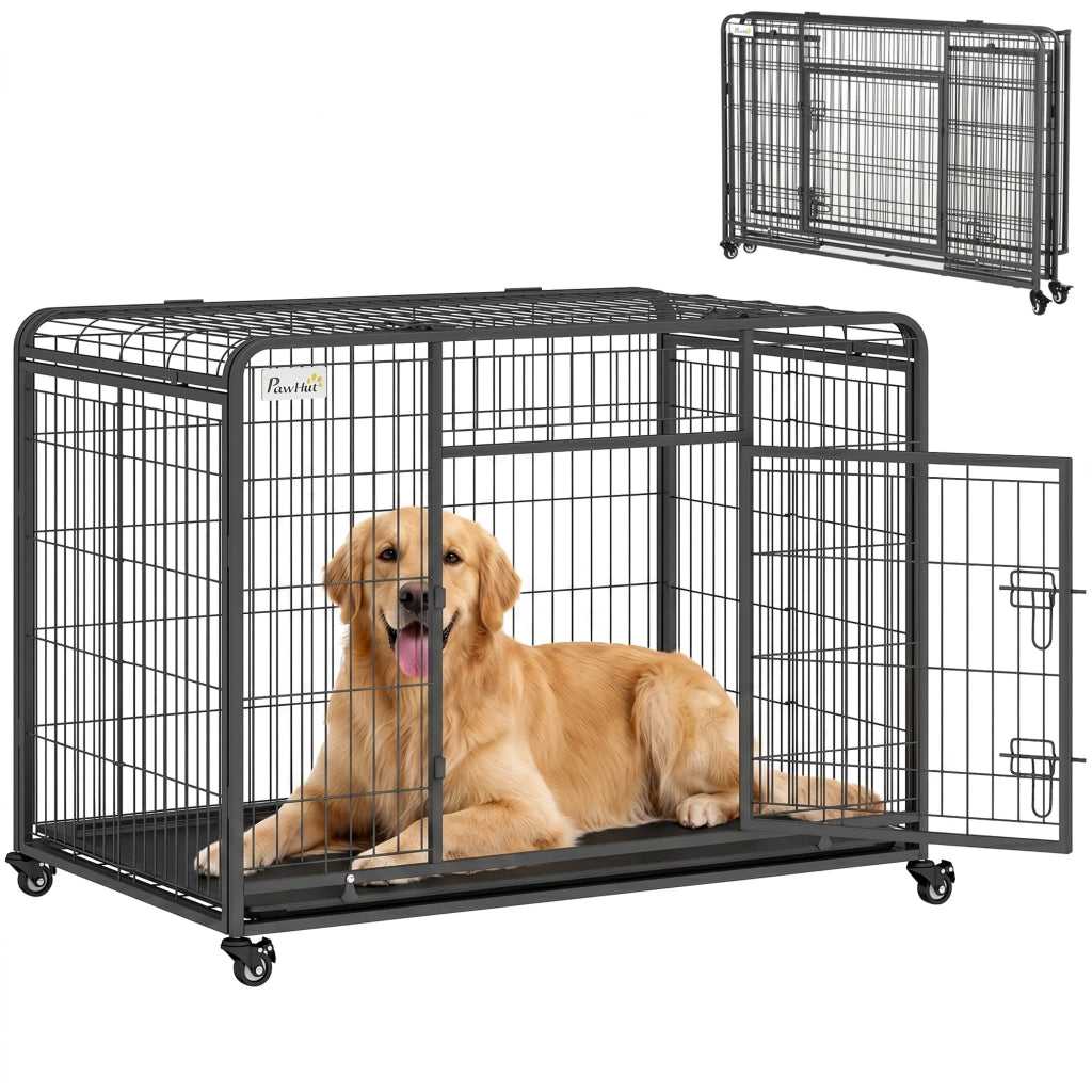 Kennel Gabbia per Cani Pieghevole a Doppia Porta con Blocco, Box per Cani con 4 Ruote con Freno e Fondo Rimovibile, 109.5x71x78cm, Grigio Scuro