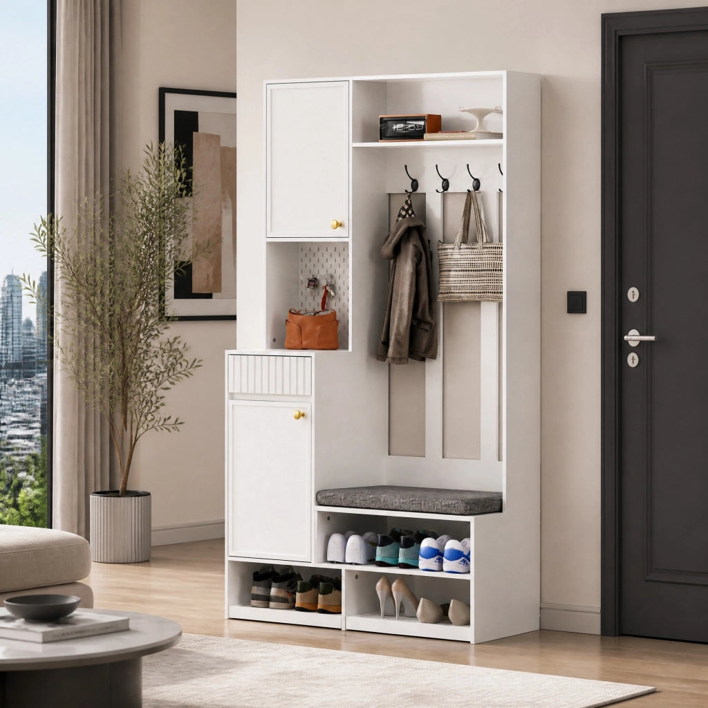 Mobile ingresso 100x35x180 cm con panca imbottita; 2 cassetti e 4 ganci in MDF bianco