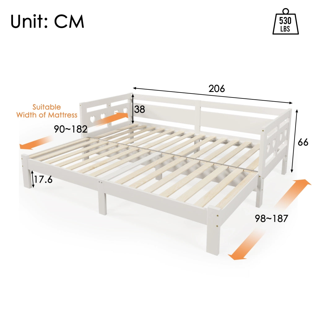 Divano letto estensibile 90 × 200 cm con seconda superficie letto in legno bianco a forma di cuore
