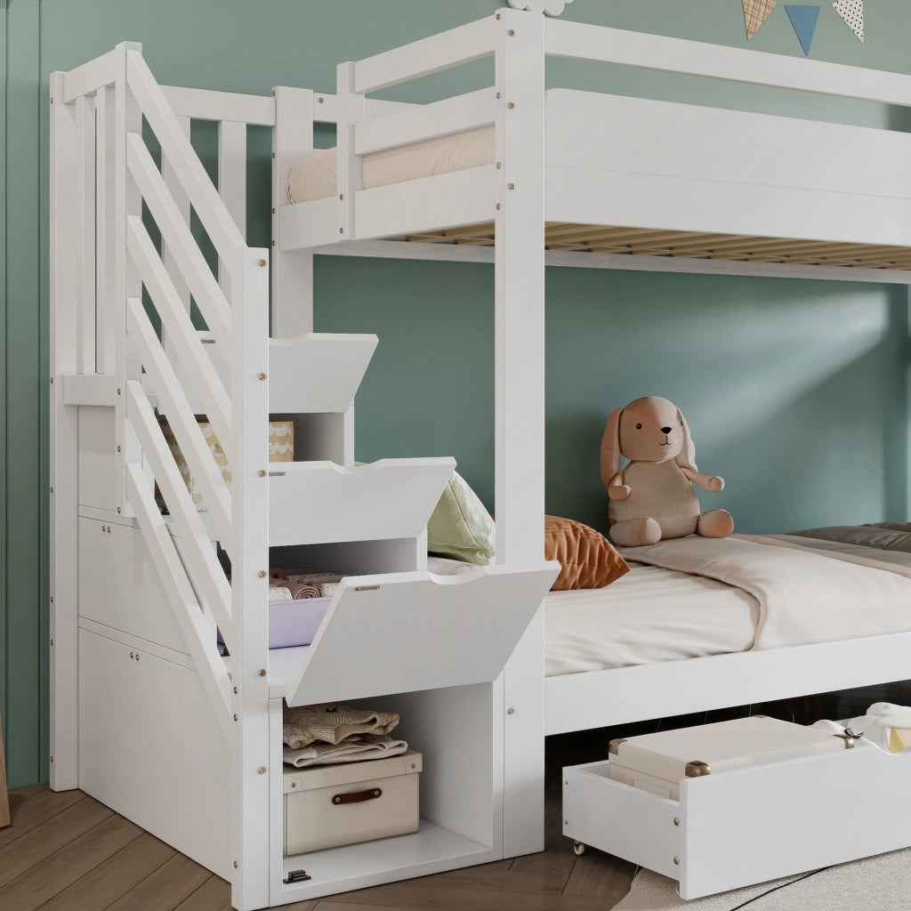 Letto a castello per bambini 90 × 200 cm con scivolo, 2 cassetti, libreria e scala contenitore, senza materasso