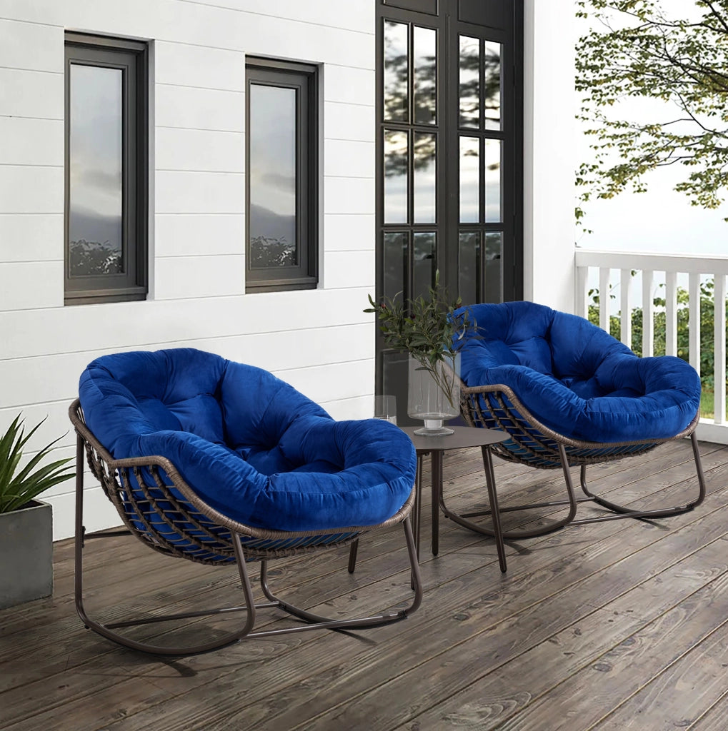 Sedia a Dondolo da Esterno in Rattan Sintetico con Cuscino Imbottito, Blu Navy, 78x106x90 cm