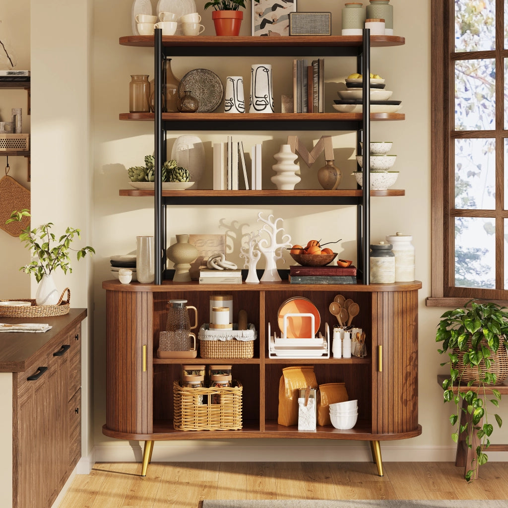 Credenza con ante avvolgibili e scaffale aperto a quattro livelli in MDF effetto legno 120 × 40 × 183 cm