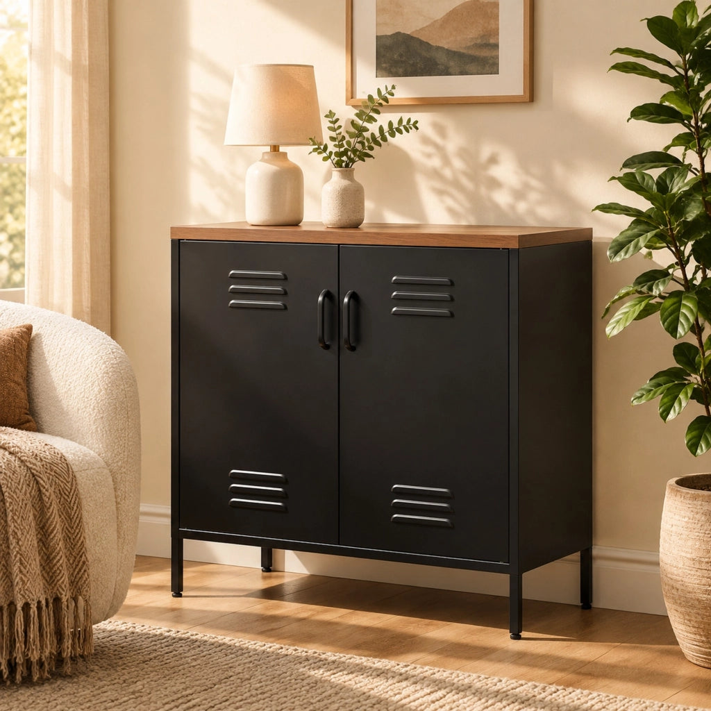 Credenza in metallo industriale con 2 porte e ripiano regolabile 80x40x80 cm, finitura nera