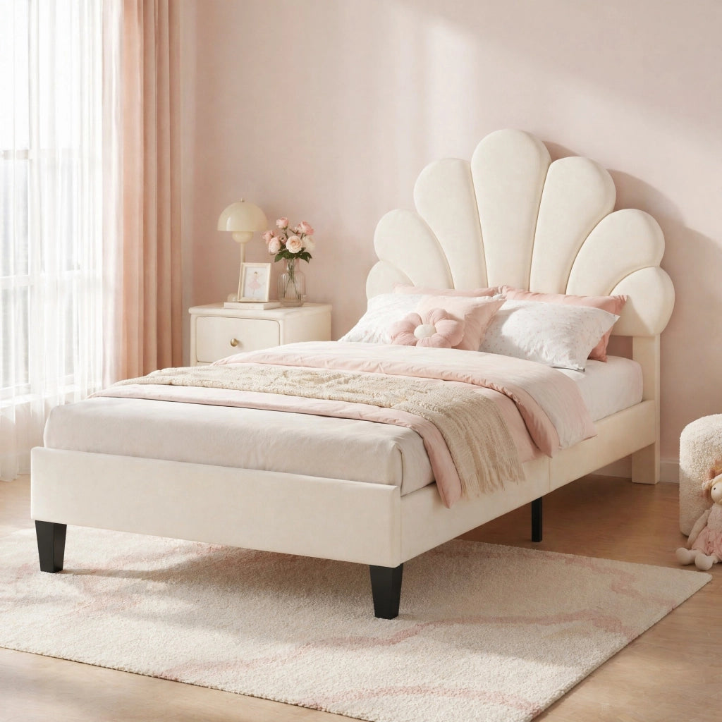 Letto imbottito 90 × 200 cm con testiera a fiore in velluto beige; rete a 12 doghe e struttura in MDF