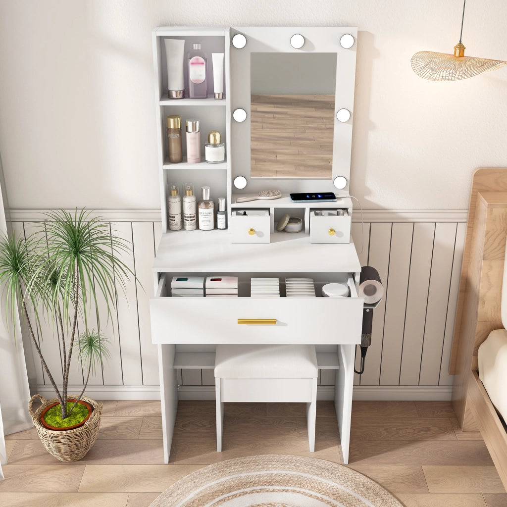 Set da toeletta con sgabello imbottito, specchio a LED, presa di corrente e cassetto, bianco