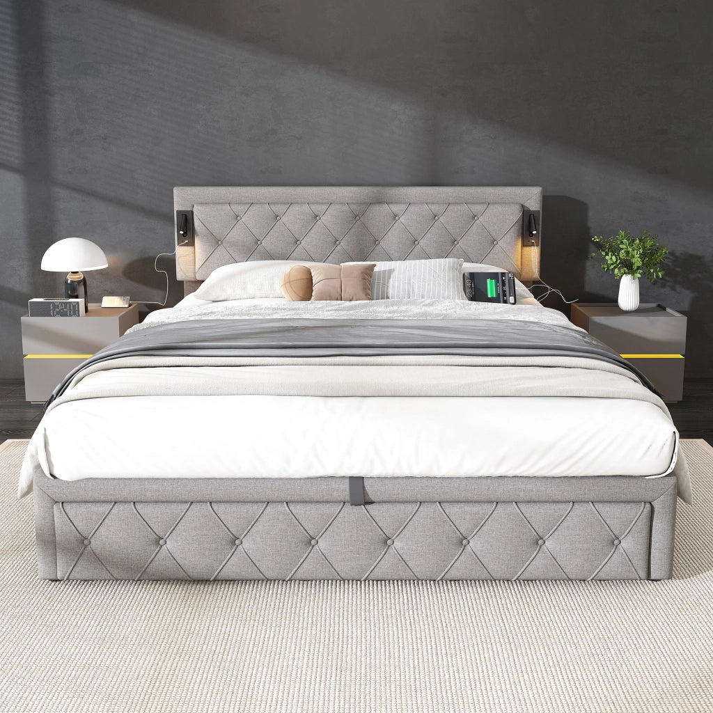 Letto contenitore idraulico imbottito in lino grigio con testiera trapuntata LED e porte USB
