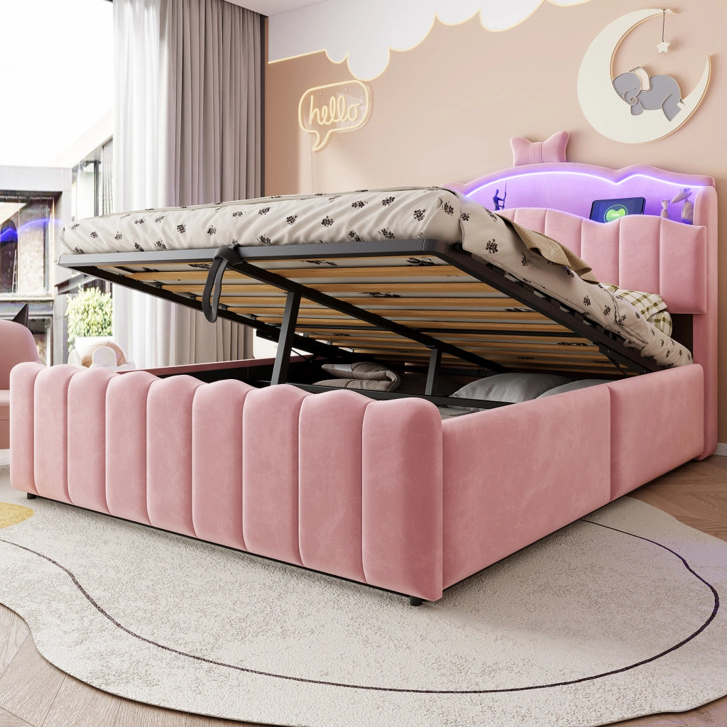 LETTO imbottito 140x200 cm in velluto rosa con contenitore