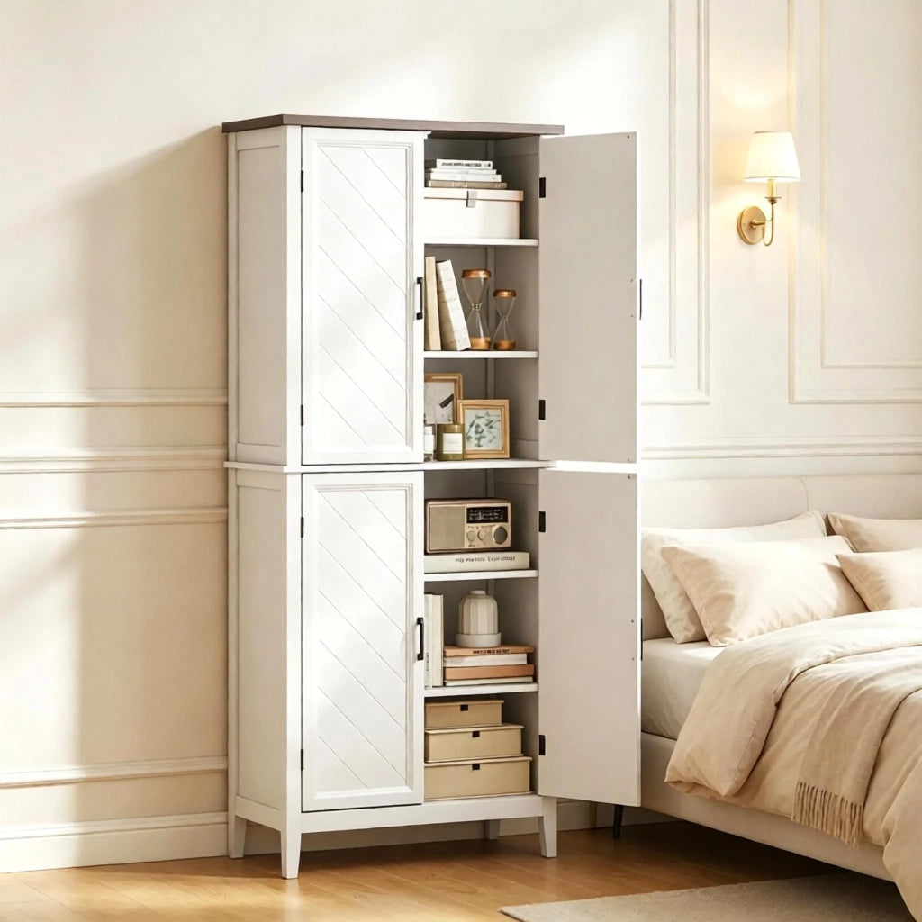 Credenza da cucina alta a 6 ripiani, con 4 ante in vetro e 4 mensole regolabili