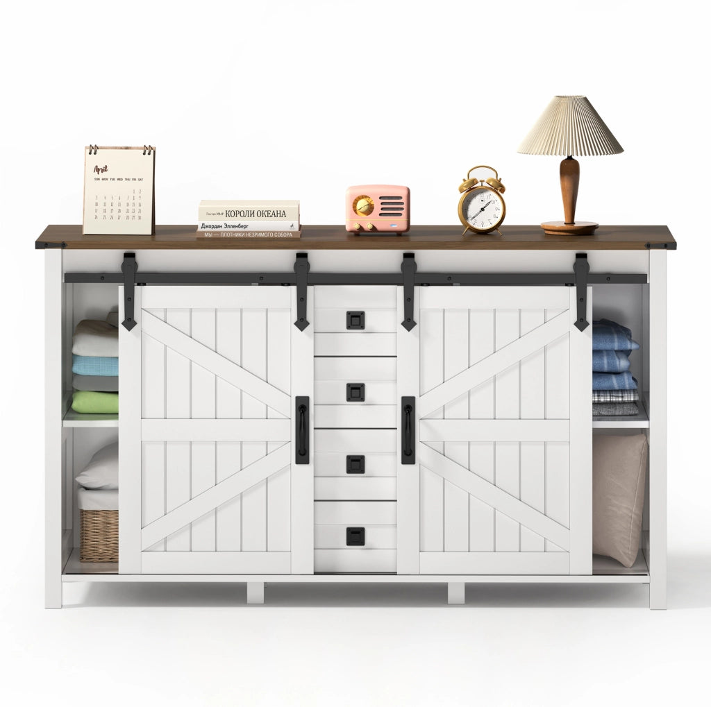 Credenza bianca 137 cm con ante scorrevoli e 4 cassetti