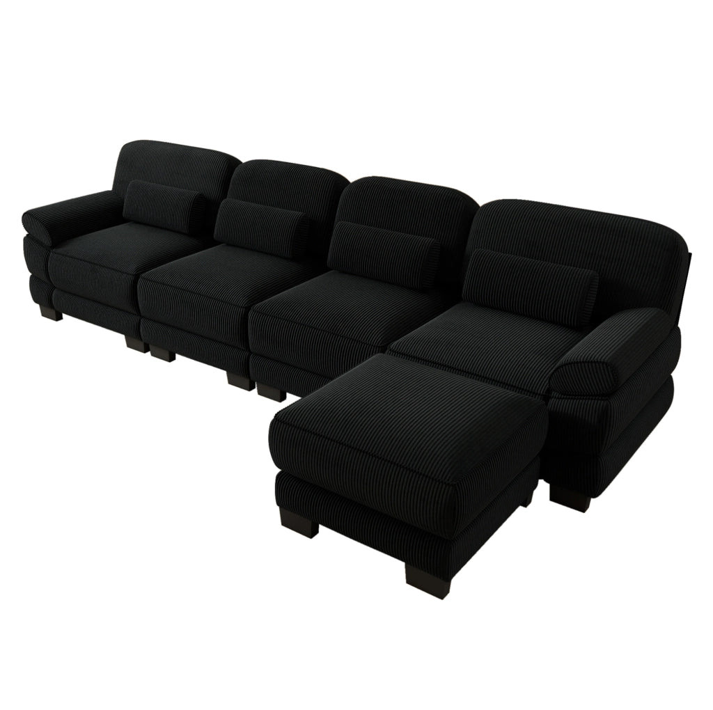 Divano modulare ad angolo in velluto a coste nero con pouf; 336 × 161 × 94 cm