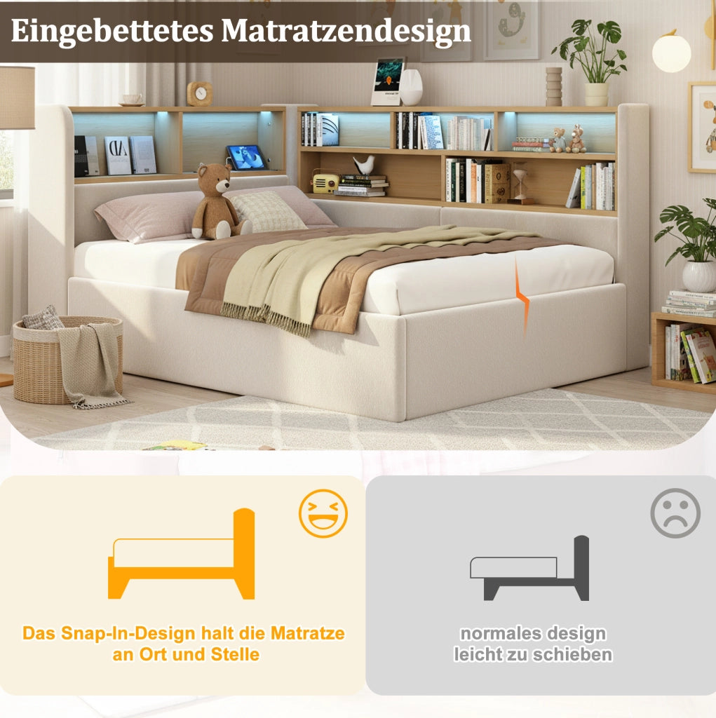 Daybett in velluto beige 90x200 cm con contenitore idraulico, luce LED e porta USB