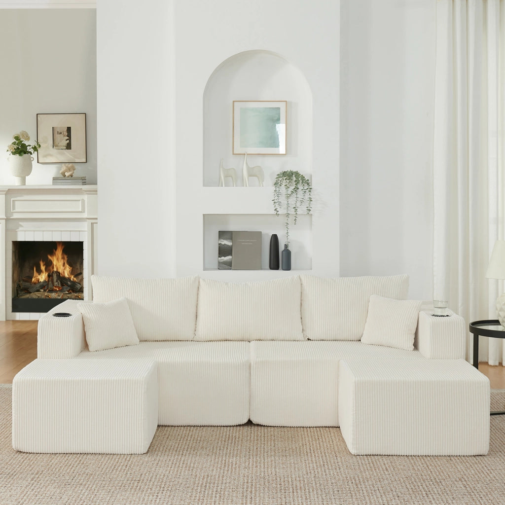 Divano angolare modulare 3 posti con 2 pouf mobili in velluto a coste beige