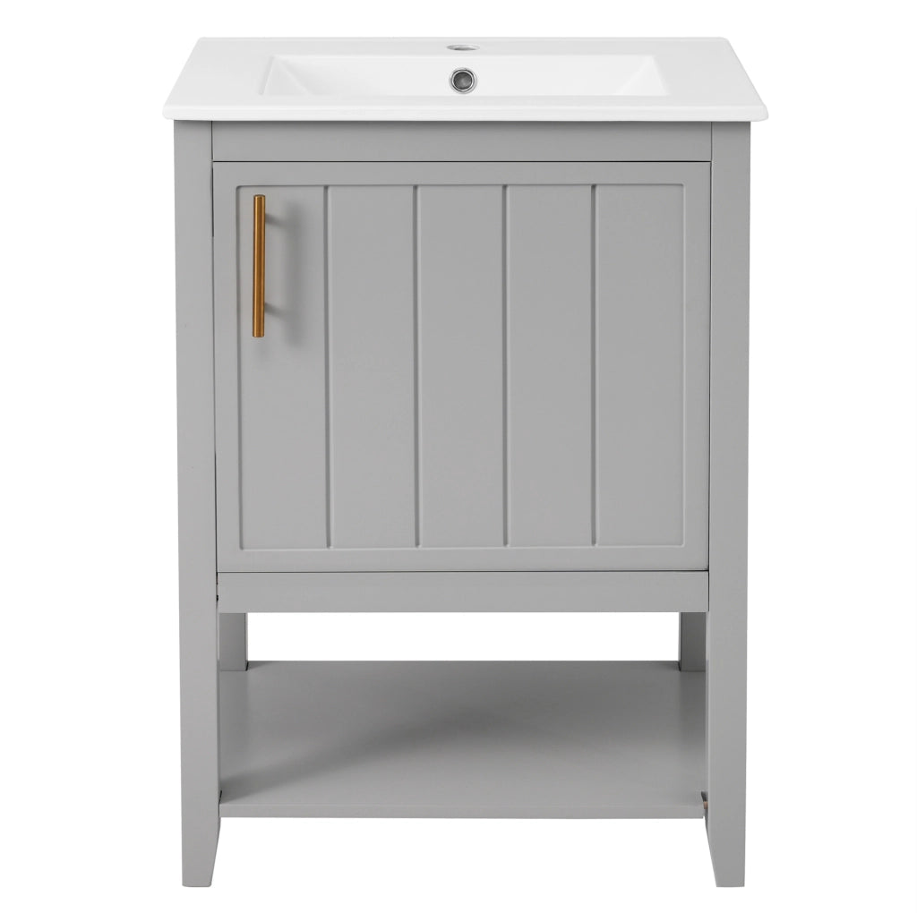 Mobile lavabo singolo 60 cm con lavabo in ceramica e ripiano, colore grigio chiaro