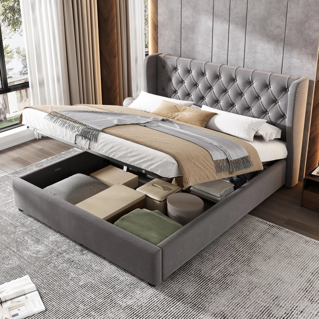Letto matrimoniale 140x200 cm con contenitore idraulico e rete in velluto grigio