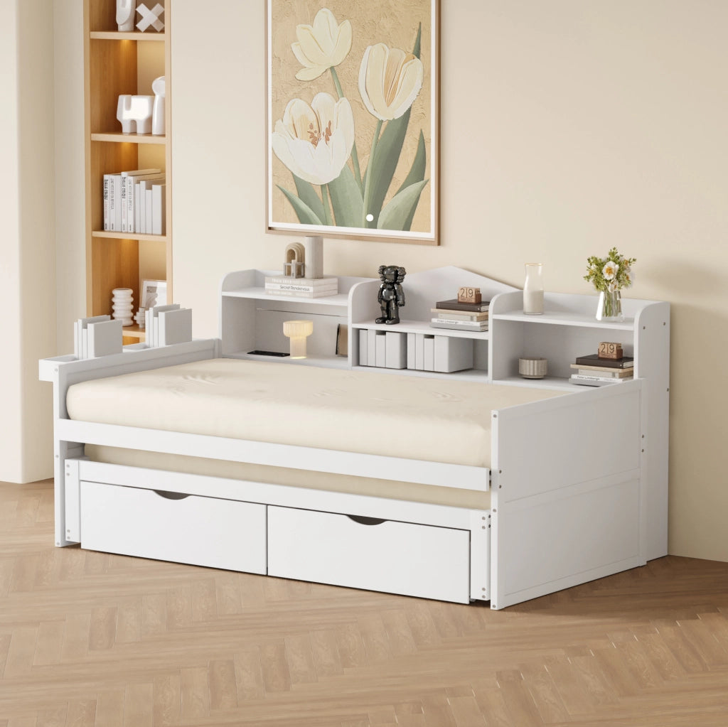 Letto singolo in legno 90x200 cm con letto estraibile 90x190 cm; 2 cassetti e USB; bianco