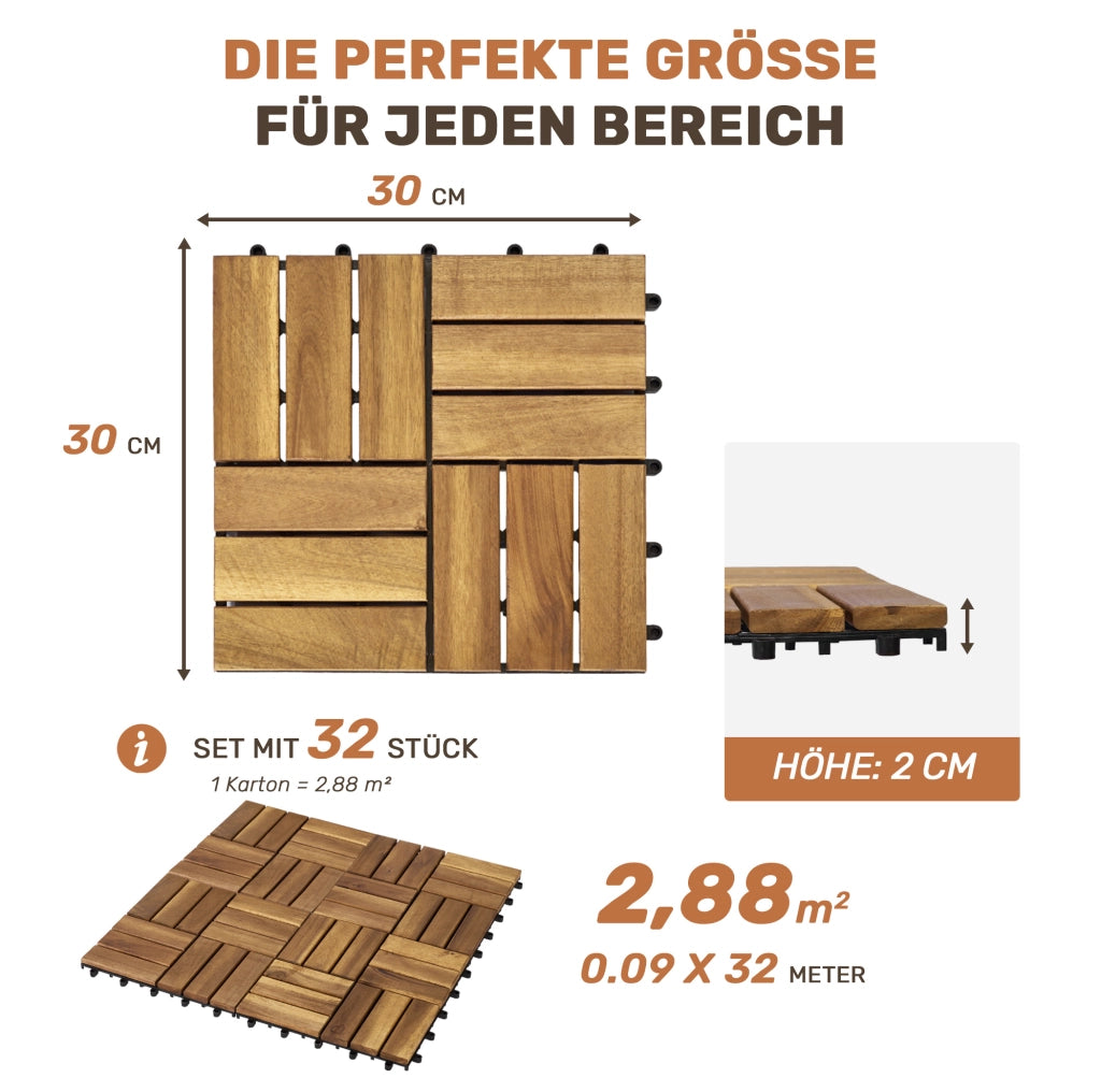 Piastrelle a incastro ULEVR 30,5x30,5 cm in legno di acacia giallo, spessore 1,9 cm per esterni