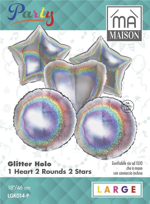 MA MAISON PALLONCINI HOLOGRAFICI GLITTERATI 1 CUORE, 2 STELLE, 2 ROTONDI 5 PZ 46X18 CM