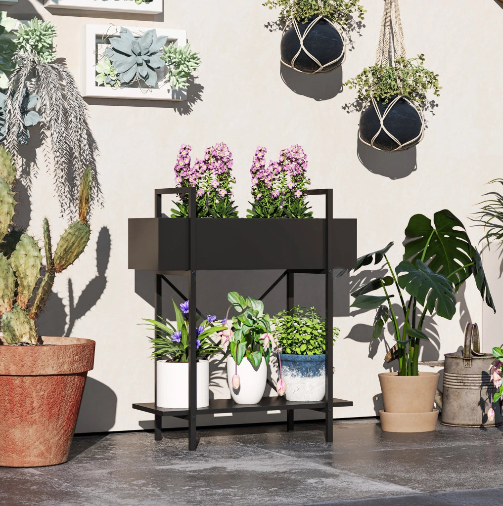 Porta piante a 2 livelli in metallo nero 70 cm, da interno ed esterno