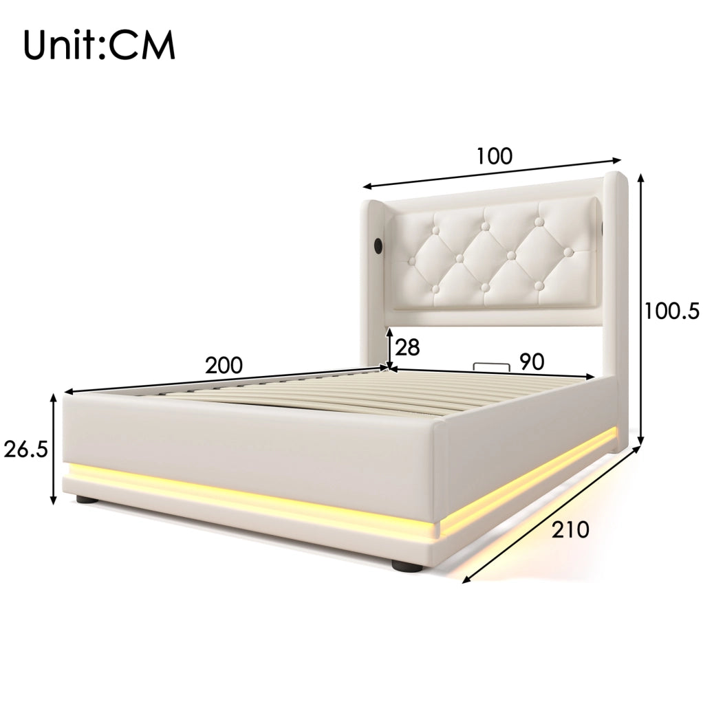 Letto singolo imbottito 90x200 cm con contenitore, LED a 3 lati e porte USB Type-C