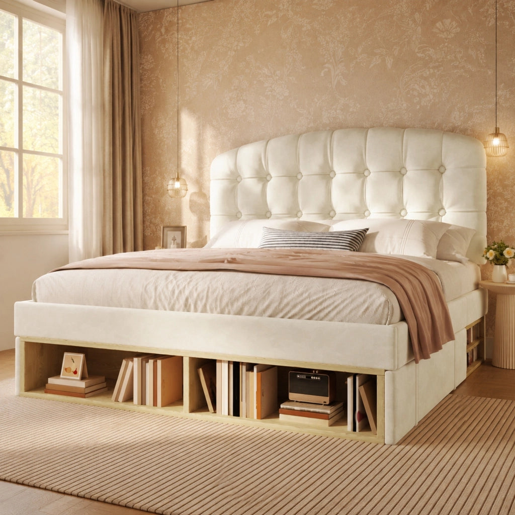 Letto matrimoniale 140x190 cm in velluto beige con testiera regolabile, vani e cassetti