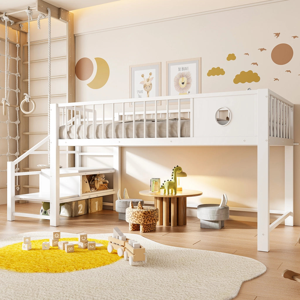 Letto a Soppalco Basso per Bambini Singolo 90x200 cm Struttura in Metallo Bianco con Scala Contenitore