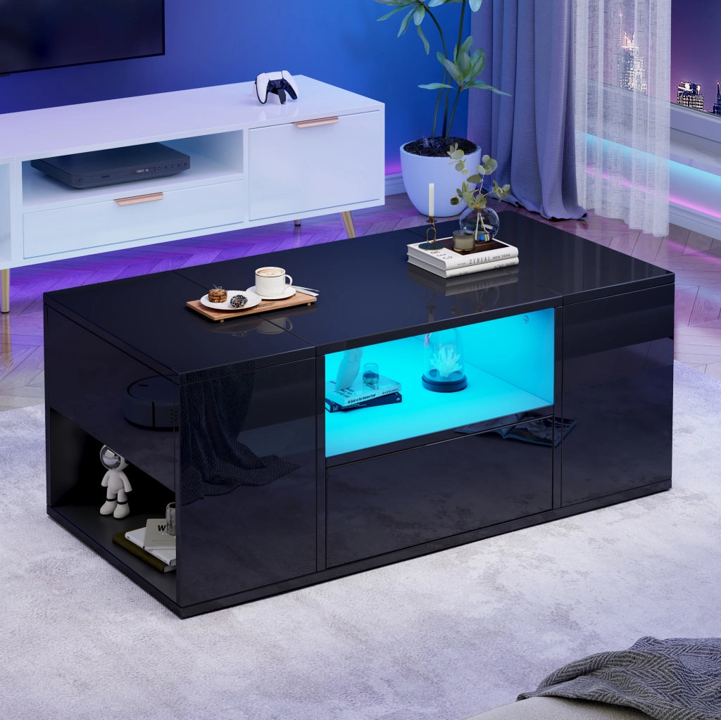 Tavolino da caffè 100x50x40 cm nero lucido con LED; cassetto e 6 vani HOMVRA