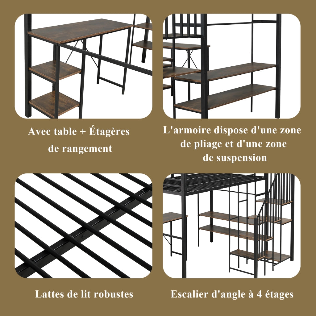 OKWISH Letto a soppalco 120×200 cm, Letto Singolo con Scala ad Angolo, Scrivania, Mensole e Armadio Aperto, senza Materasso, Nero