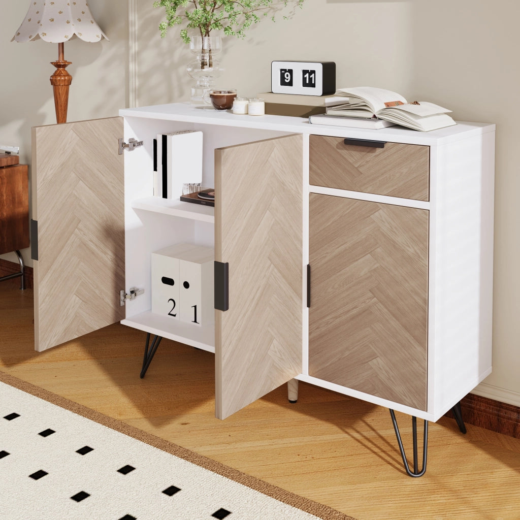 Mobile contenitore moderno bianco e effetto legno, 1 cassetto, ripiani regolabili in altezza (90 x 30 x 71,5 cm)