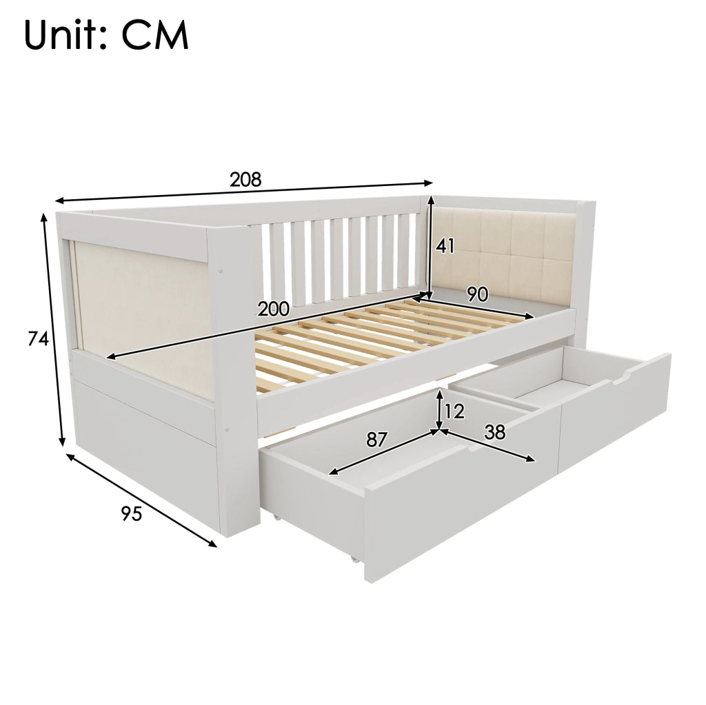 Letto singolo 90x200 cm con 2 cassetti in legno bianco HOMVRA